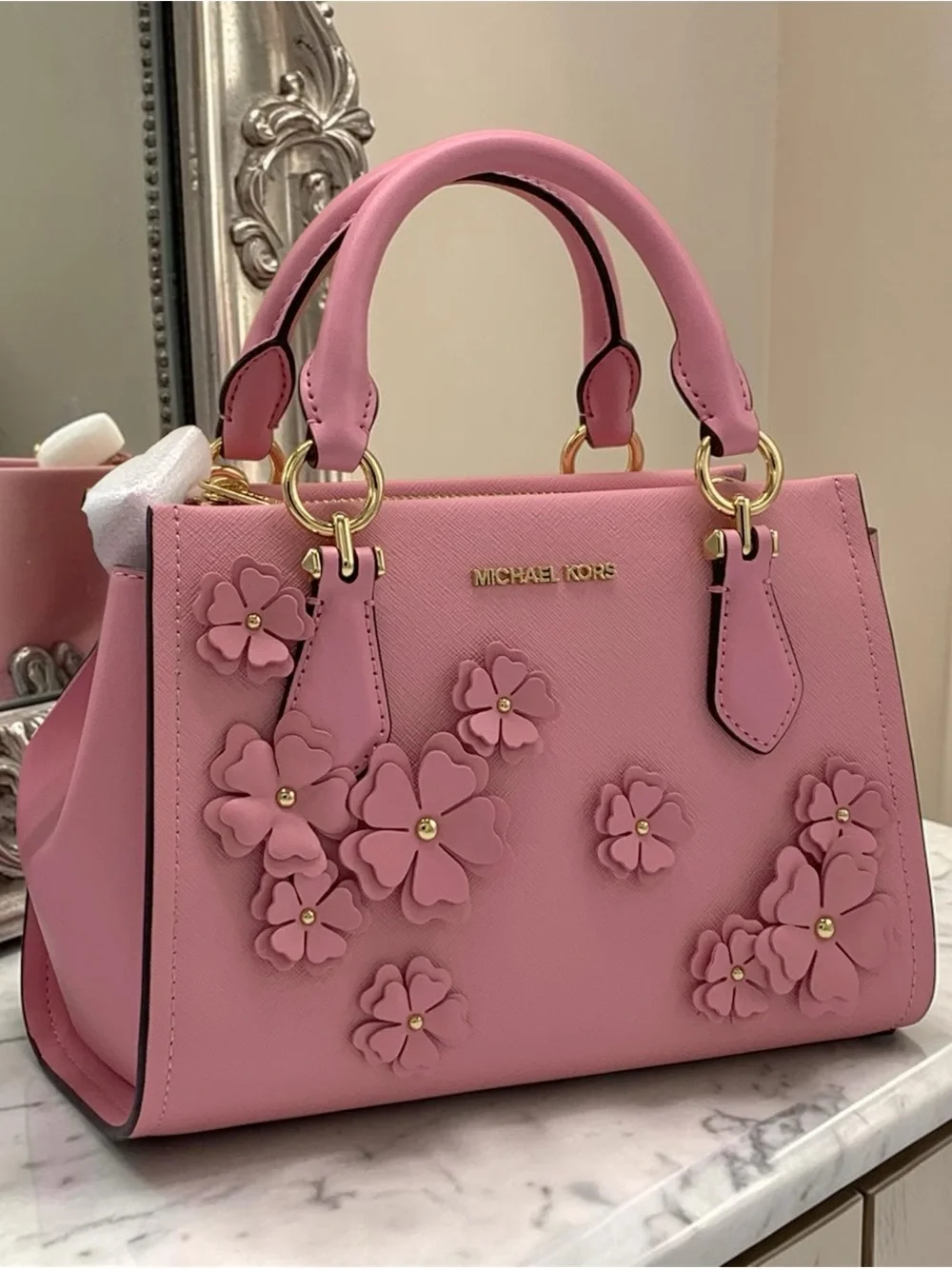 Michael Kors Marilyn Small Floral Embellished Satchel Carnation color